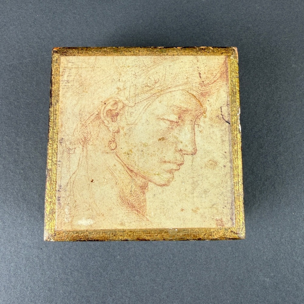 Vintage Italian Wood Jewelry Box Gold Gilt Renaissance Portrait 4.5"x4.5"